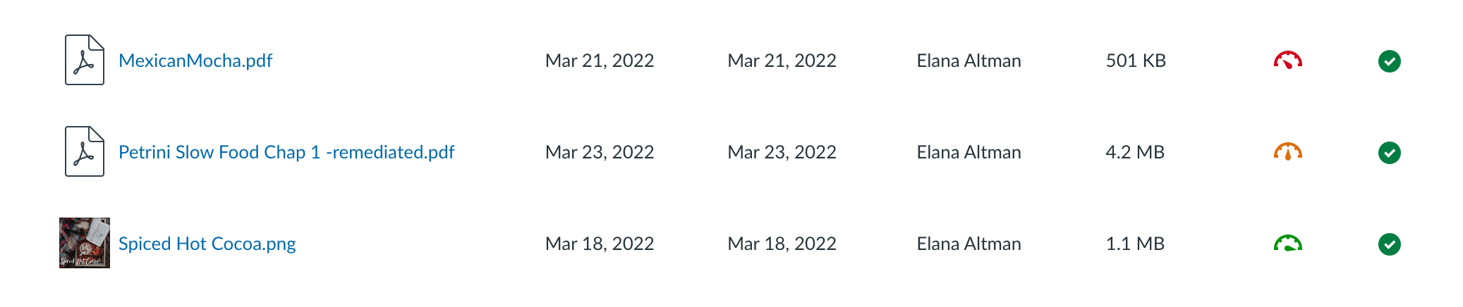 screenshot of Courseworks Canvas files page, showing three files and gas gauge indicators. One gas gauge is red (low accessibility), one is orange (medium accessibility) and one is green (high accessibility)