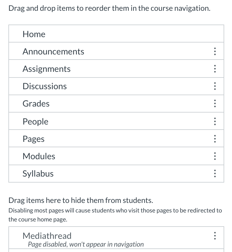 naviation section in course settings