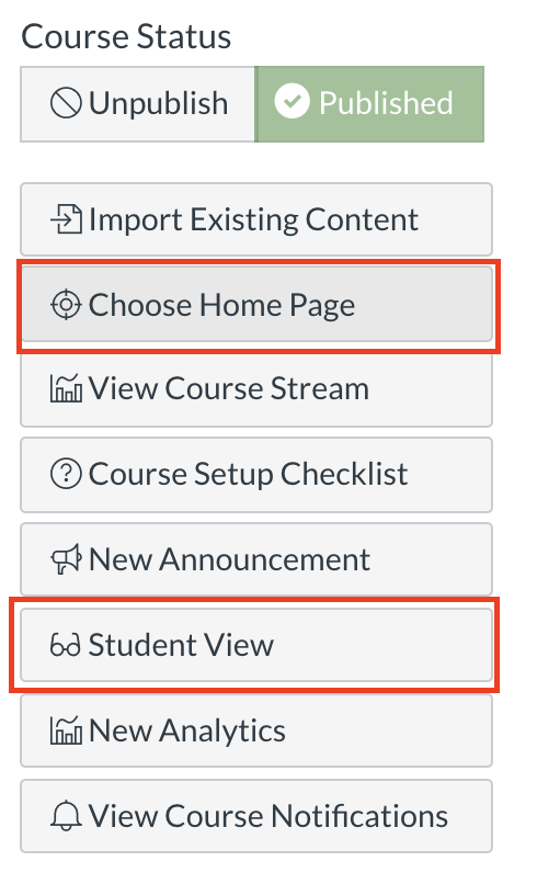 Canvas settings menu on homepage, highlighting Choose Home Page button (2nd button) and Student view (6th button)