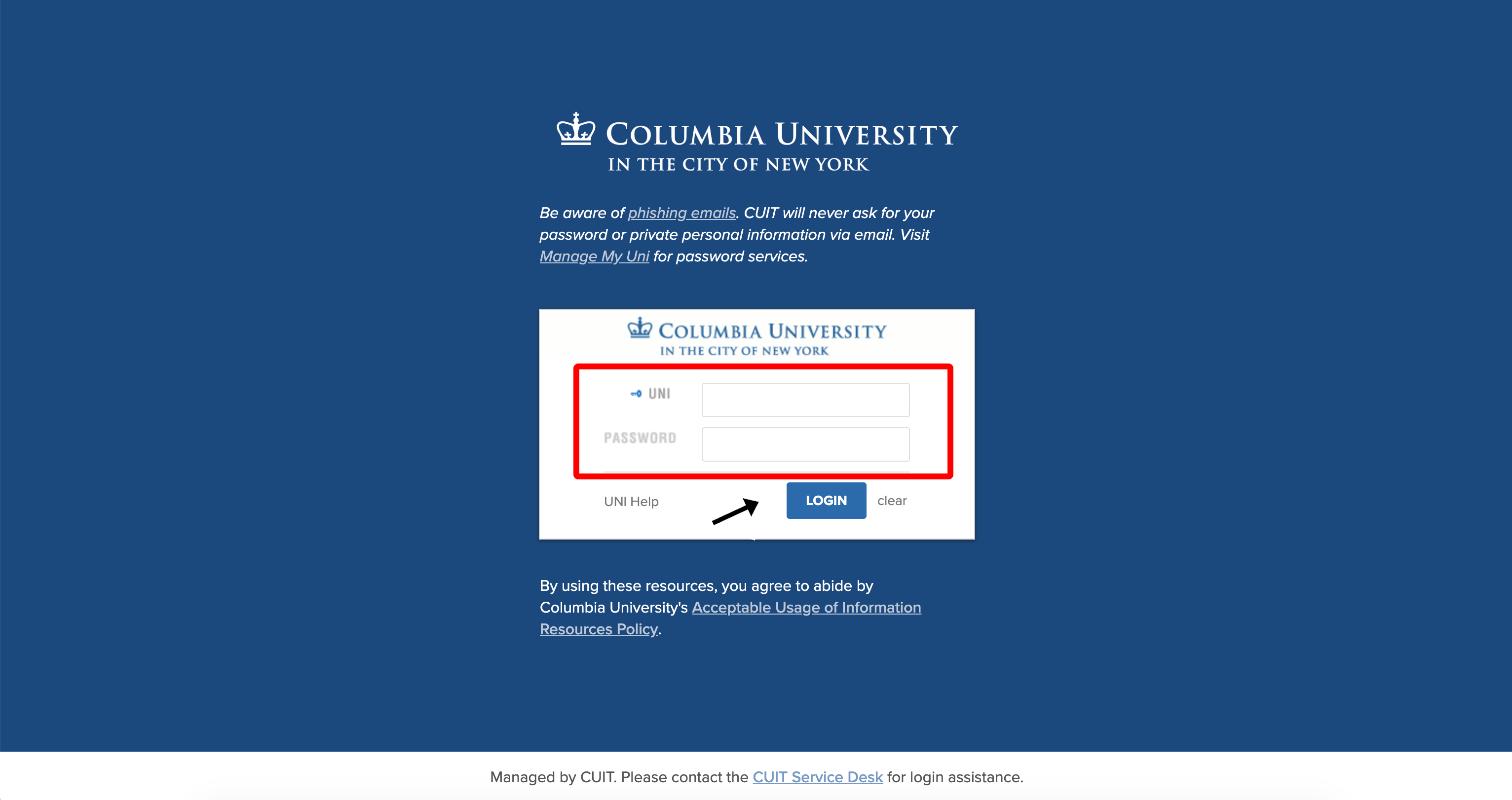 Columbia University uni login page.