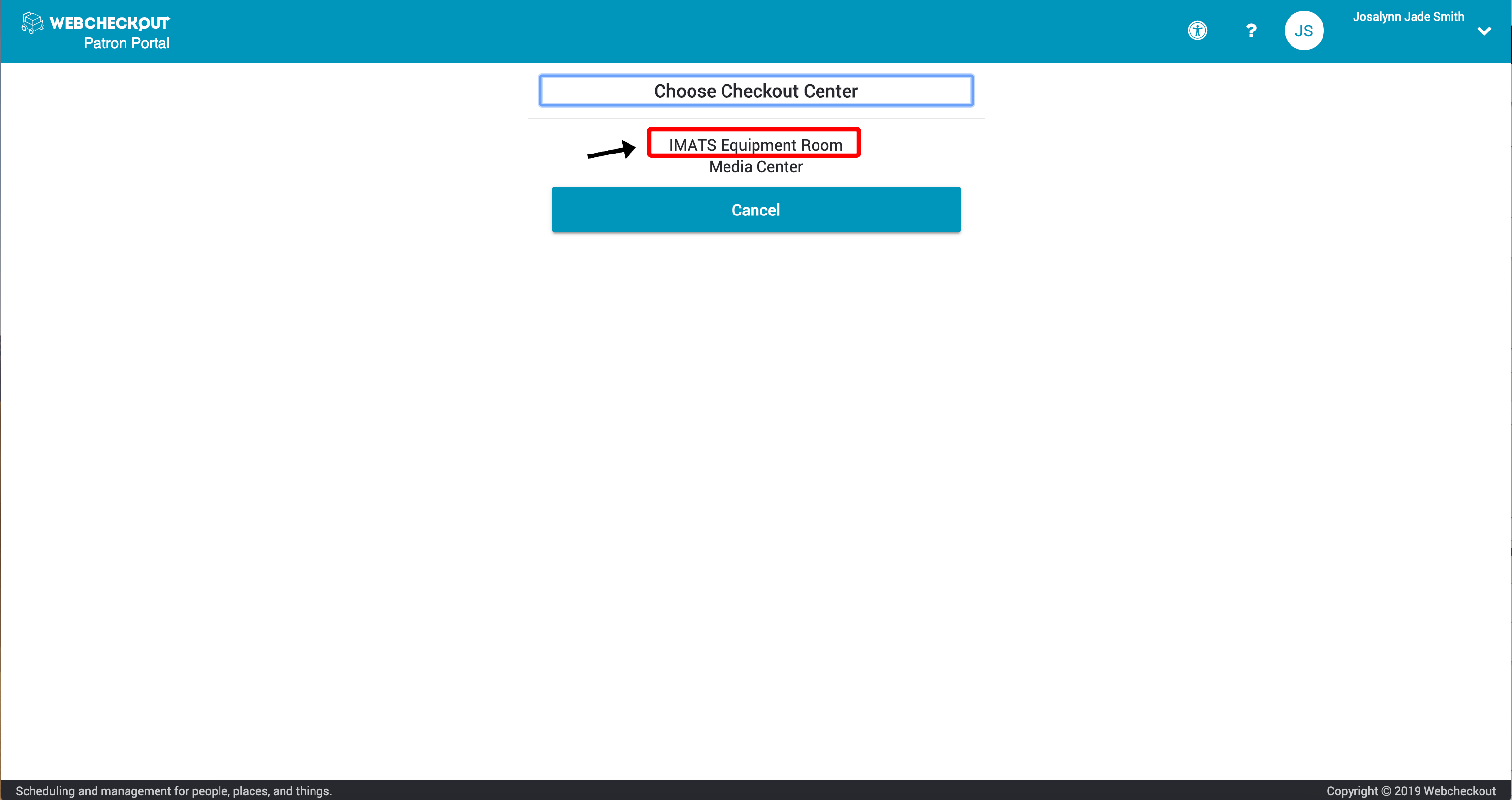 Web Checkout Patron Portal. Choose checkout center, IMATS Equipment Room
