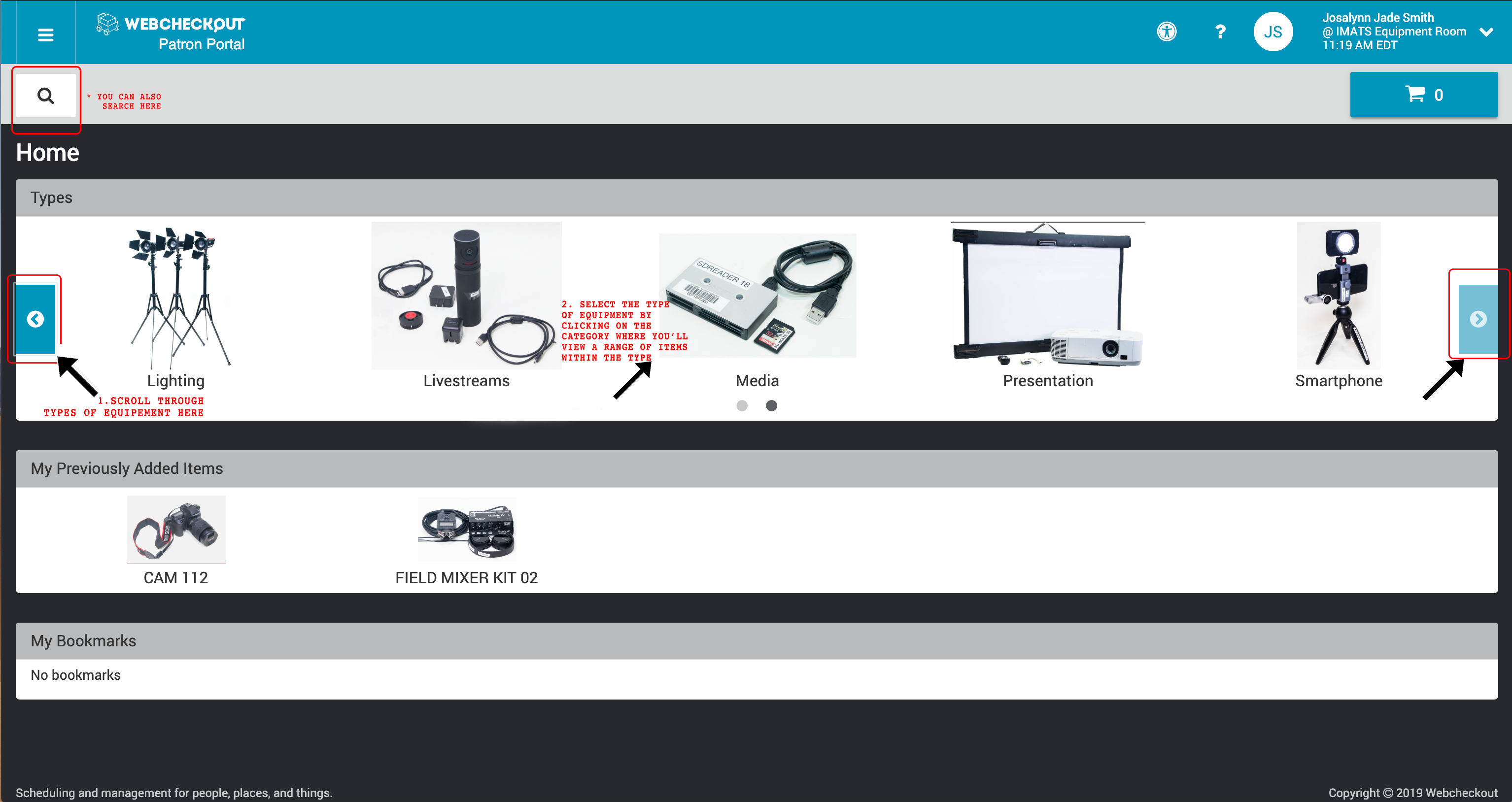 Webcheckout Patron Portal showing type categories lighting, livestreams, media, presentations, smartphones, each with a picture. Also shows previously added items and bookmarks.