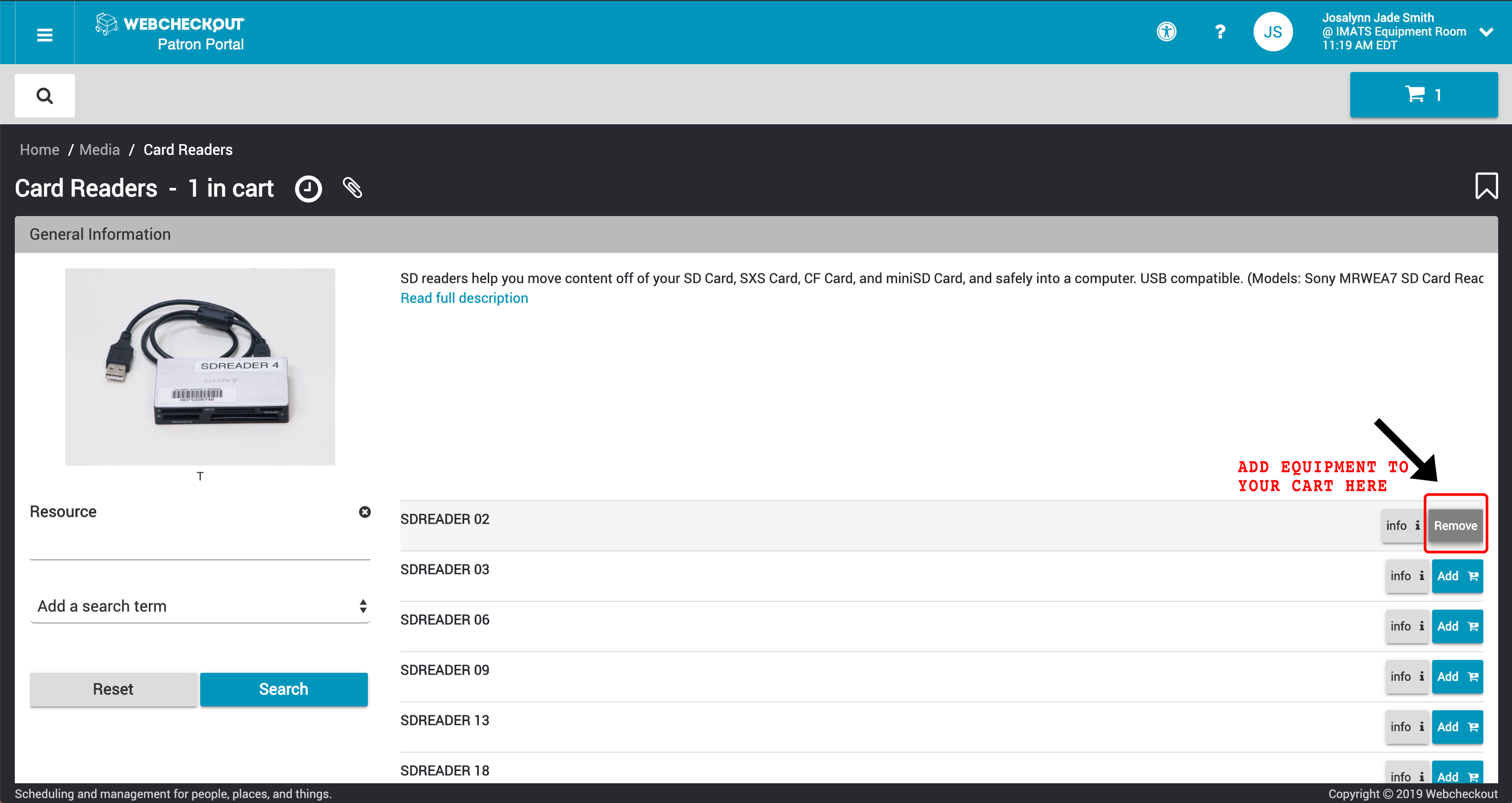 Adding SD card reader equipment to cart. Once added, the item can also be removed using a button on the righthand side..