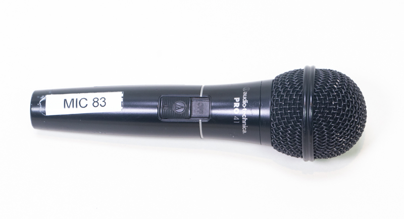 A black Audio-Technica Pro 41 microphone
