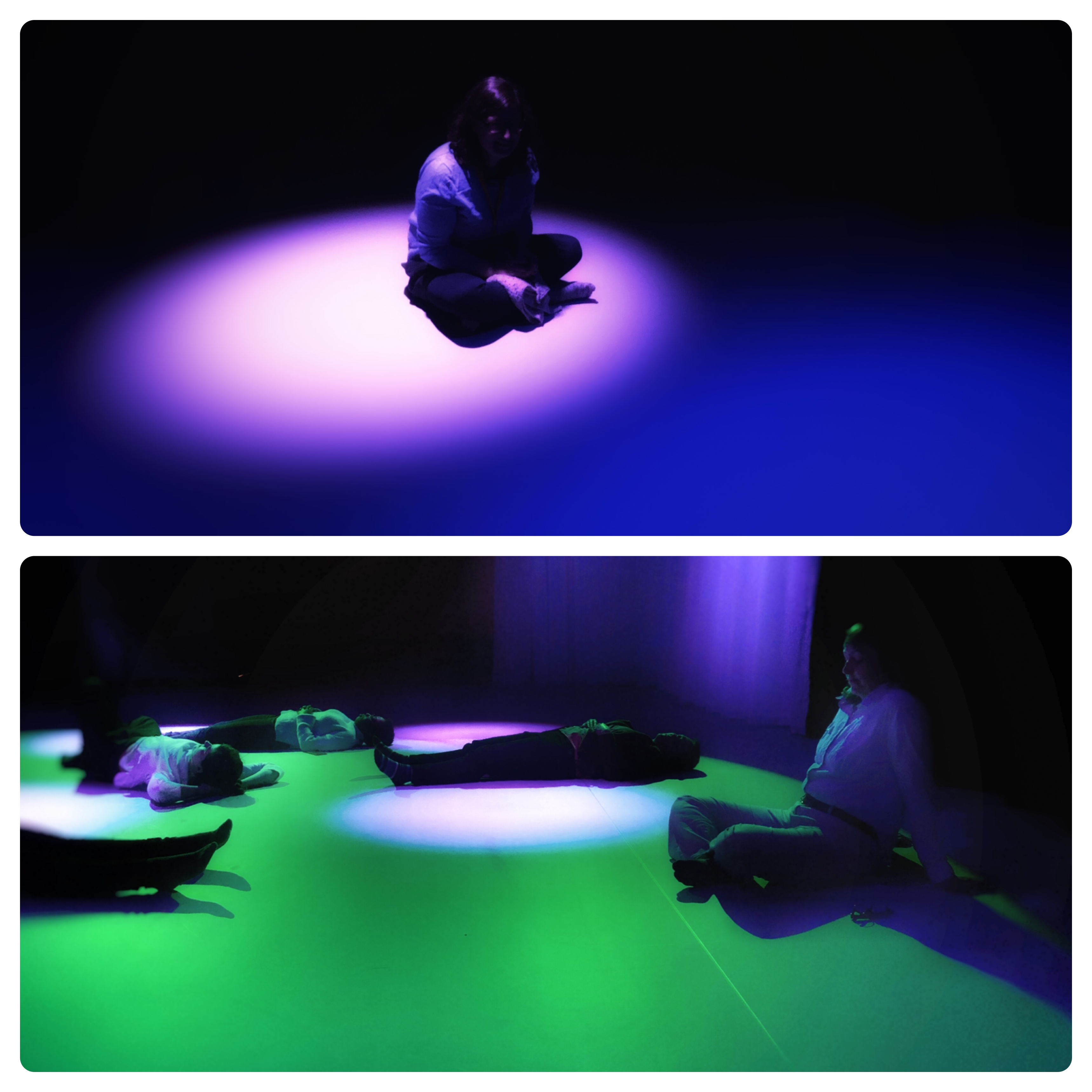 Top: Stillness lab participants lie on the ground immersed in indigo light. Bottom: Participants in green ambient light with purple spotlights.