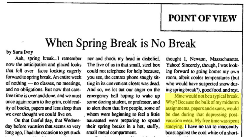 screen shot of Barnard Bulletin article, "When Spring Break is No Break."
