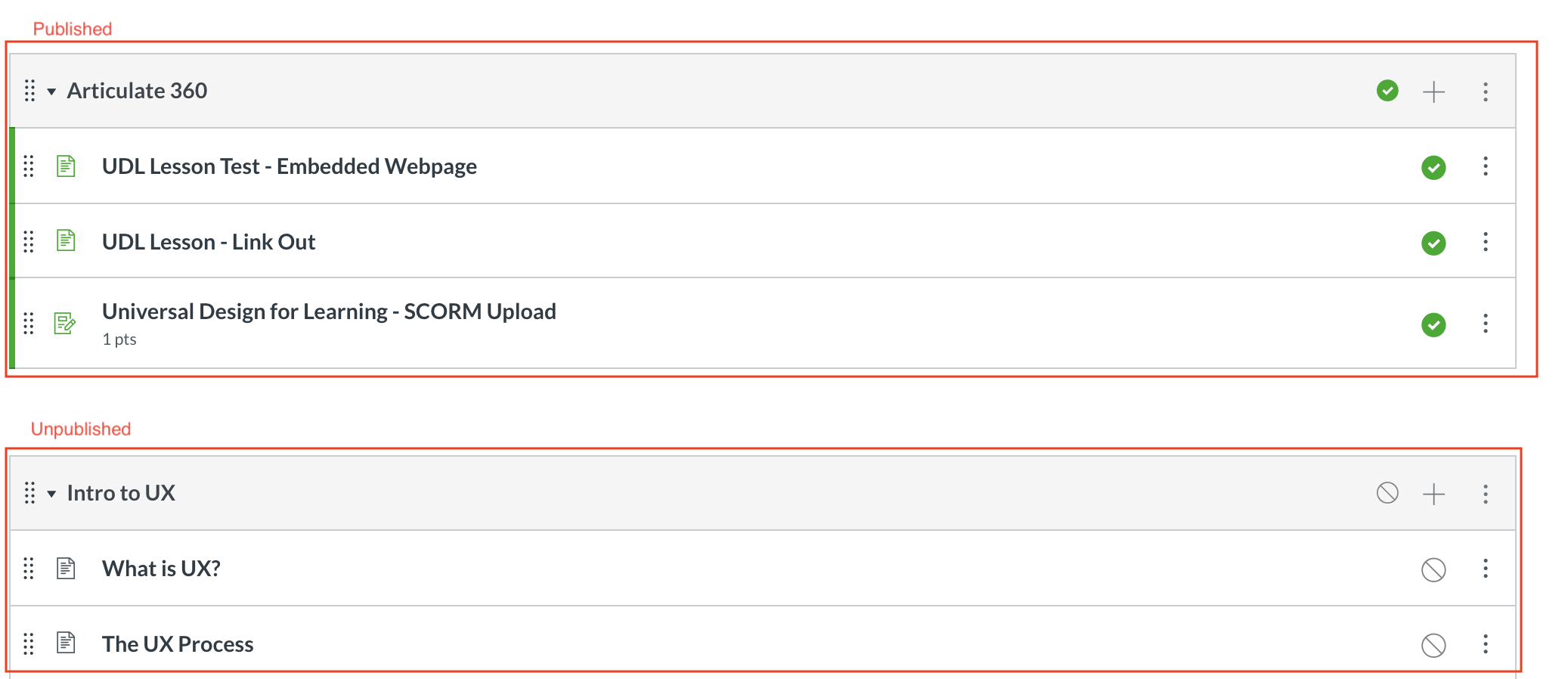 published modules with green checkmarks and unpublished modules with gray no sign